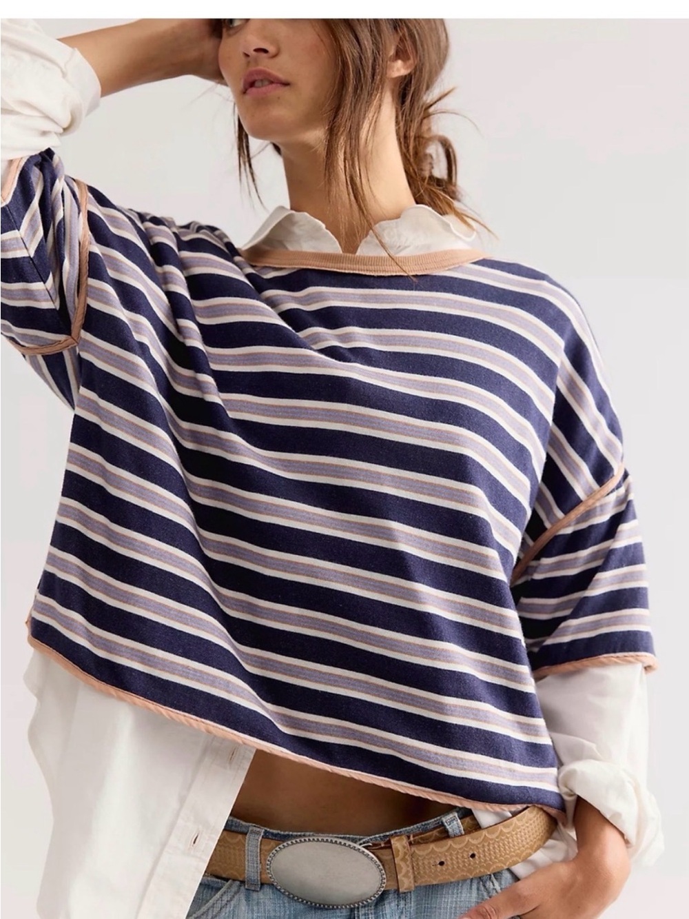 We The Free Navy and Cream Striped Cropped Rugby Tee with Tan Trim